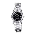 Casio LTP-V002D-1A női karóra, fekete számlap, acél szíj, 25 mm + doboz