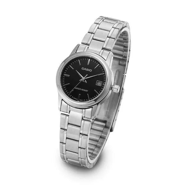 Casio LTP-V002D-1A női karóra, fekete számlap, acél szíj, 25 mm + doboz