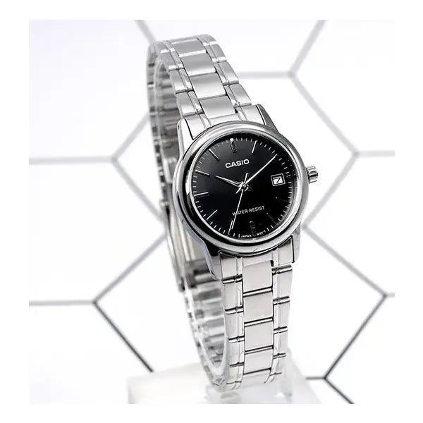 Casio LTP-V002D-1A női karóra, fekete számlap, acél szíj, 25 mm + doboz