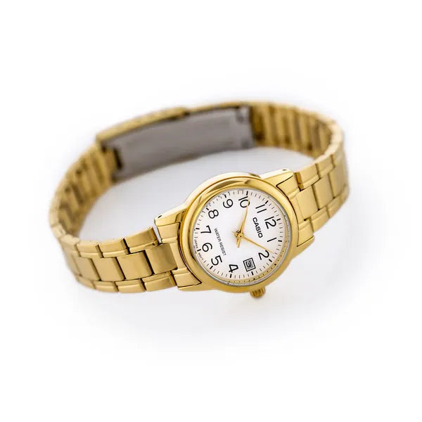 Casio női karóra, arany színű nemesacél, fehér számlap, dátum, 25 mm, WR30