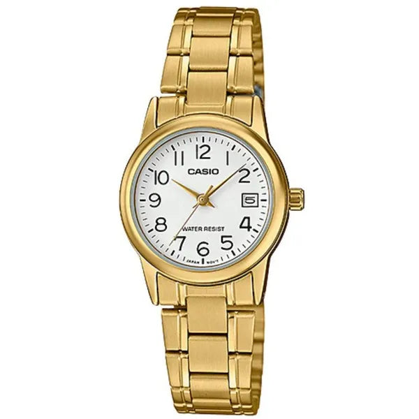 Casio női karóra, arany színű nemesacél, fehér számlap, dátum, 25 mm, WR30
