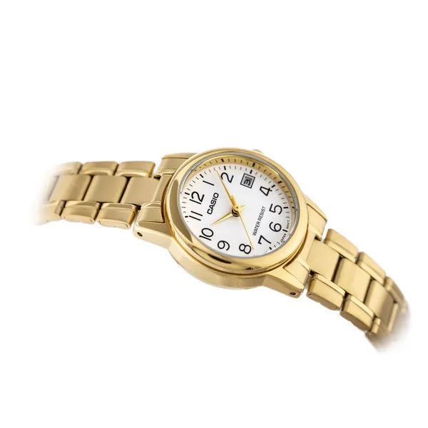 Casio női karóra, arany színű nemesacél, fehér számlap, dátum, 25 mm, WR30
