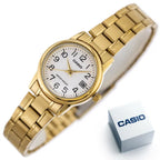 Casio női karóra, arany színű nemesacél, fehér számlap, dátum, 25 mm, WR30