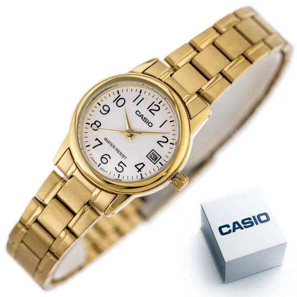 Casio női karóra, arany színű nemesacél, fehér számlap, dátum, 25 mm, WR30