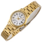 Casio női karóra, arany színű nemesacél, fehér számlap, dátum, 25 mm, WR30