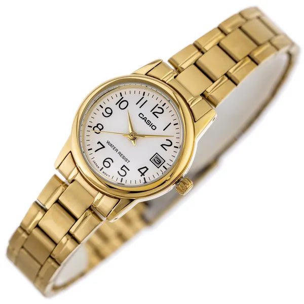Casio női karóra, arany színű nemesacél, fehér számlap, dátum, 25 mm, WR30