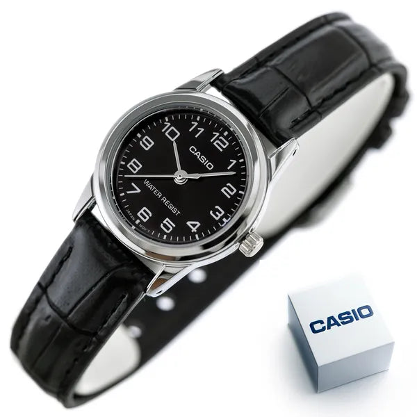 Casio LTP-V001L-1B női karóra, fekete bőr szíj, fekete számlap, 24 mm, WR30