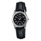 Casio LTP-V001L-1B női karóra, fekete bőr szíj, fekete számlap, 24 mm, WR30