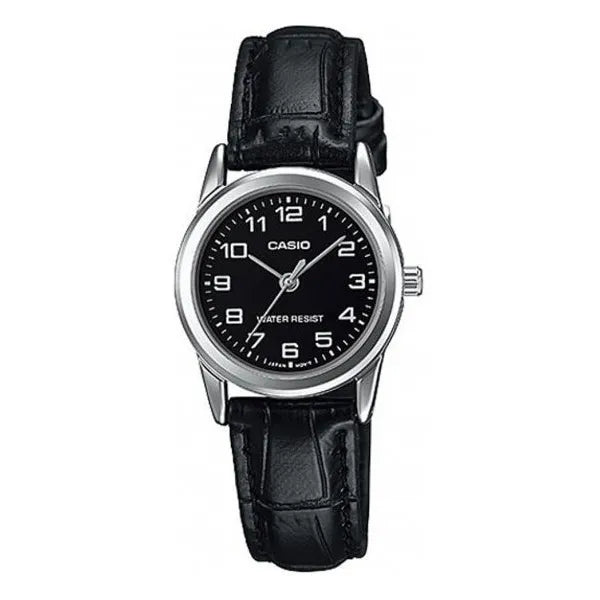 Casio LTP-V001L-1B női karóra, fekete bőr szíj, fekete számlap, 24 mm, WR30