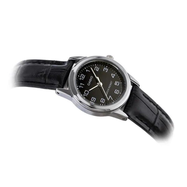 Casio LTP-V001L-1B női karóra, fekete bőr szíj, fekete számlap, 24 mm, WR30