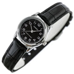 Casio LTP-V001L-1B női karóra, fekete bőr szíj, fekete számlap, 24 mm, WR30