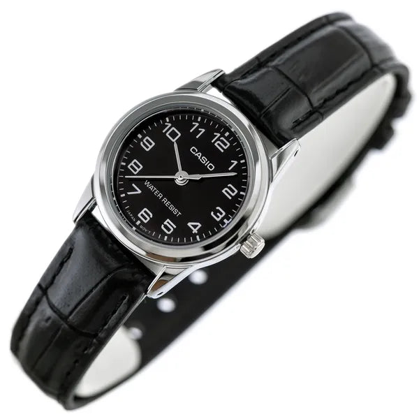 Casio LTP-V001L-1B női karóra, fekete bőr szíj, fekete számlap, 24 mm, WR30