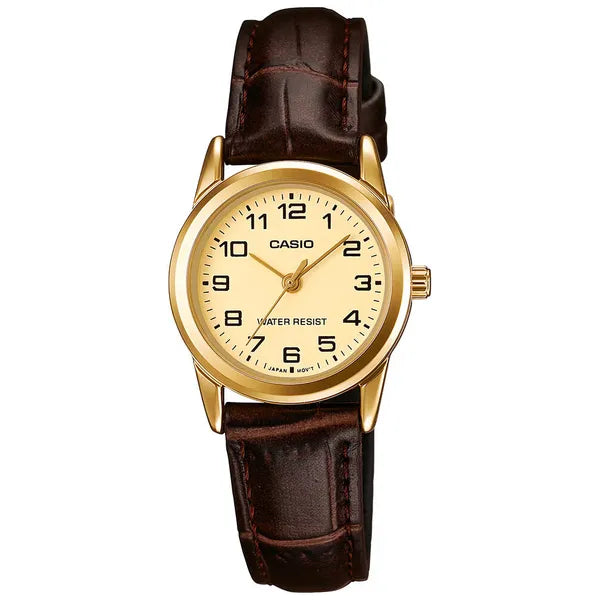 Casio LTP-V001GL-9B női karóra, arany számlap, barna bőr szíj, WR30