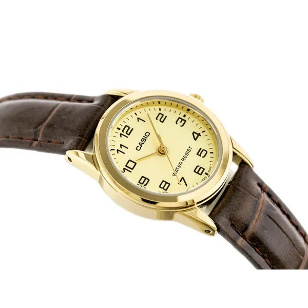 Casio LTP-V001GL-9B női karóra, arany számlap, barna bőr szíj, WR30