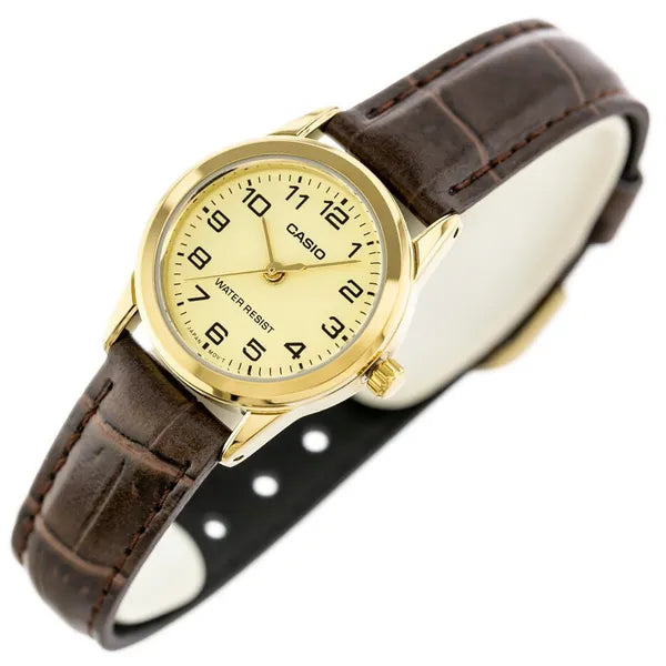 Casio LTP-V001GL-9B női karóra, arany számlap, barna bőr szíj, WR30