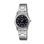 Casio LTP-V001D-1B női karóra, ezüst acélszíj, fekete számlap, WR30
