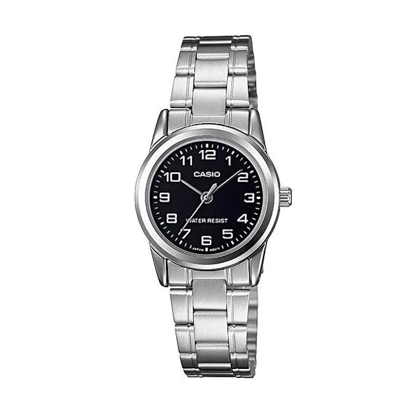 Casio LTP-V001D-1B női karóra, ezüst acélszíj, fekete számlap, WR30