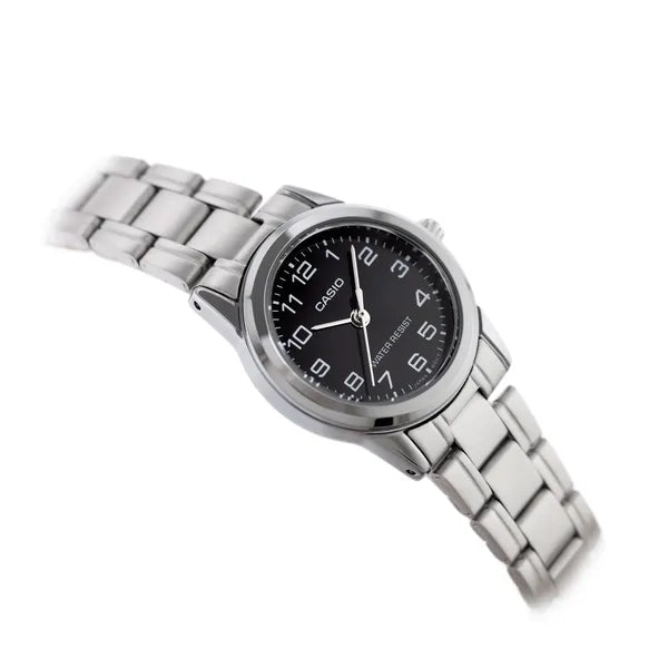 Casio LTP-V001D-1B női karóra, ezüst acélszíj, fekete számlap, WR30