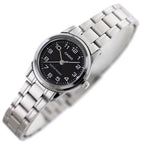 Casio LTP-V001D-1B női karóra, ezüst acélszíj, fekete számlap, WR30
