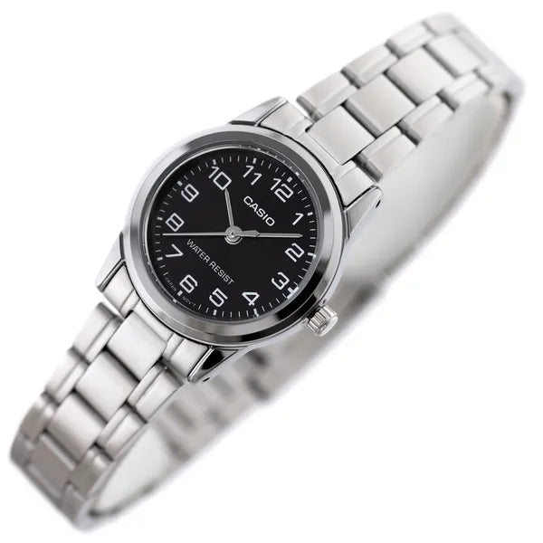 Casio LTP-V001D-1B női karóra, ezüst acélszíj, fekete számlap, WR30