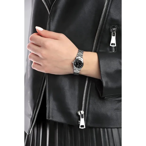 Casio LTP-V001D-1B női karóra, ezüst acélszíj, fekete számlap, WR30