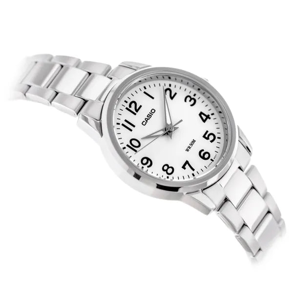 Casio LTP-1303D-7BVDF női karóra, 30 mm, rozsdamentes acél szíj, fehér számlap, WR50