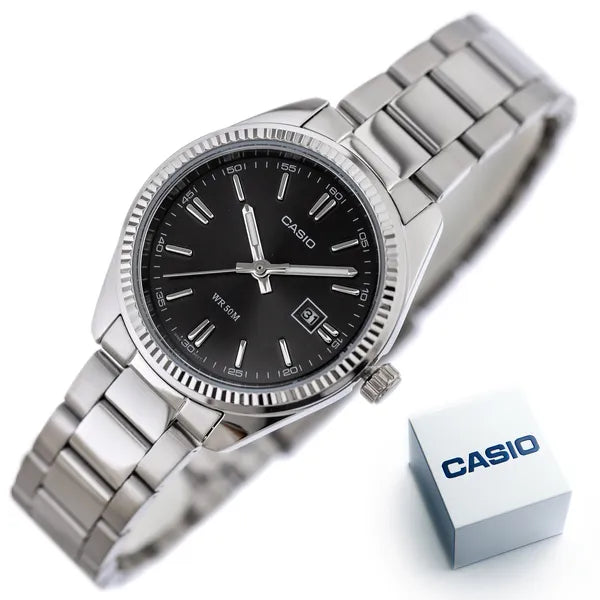 Casio LTP-1302D-1A1 női karóra, acél szíj, fekete számlap, dátum, WR30