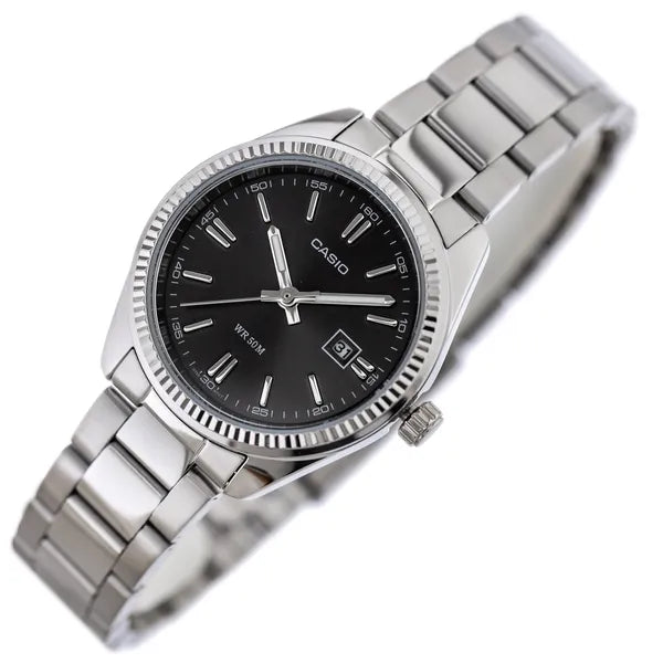 Casio LTP-1302D-1A1 női karóra, acél szíj, fekete számlap, dátum, WR30
