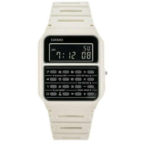 Casio Vintage CA-53WF-8B férfi kalkulátoros digitális óra, fehér, WR30