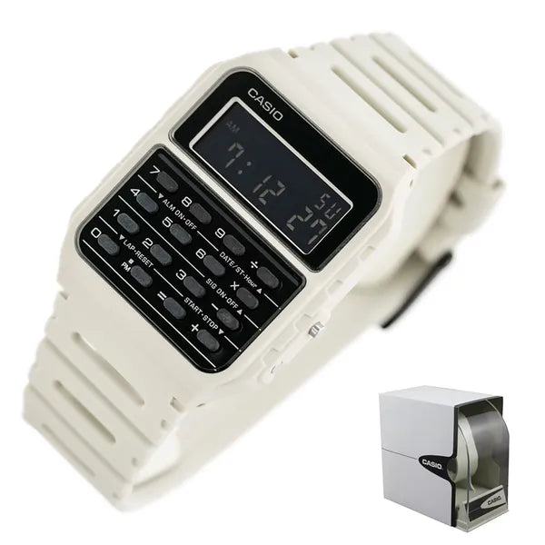 Casio Vintage CA-53WF-8B férfi kalkulátoros digitális óra, fehér, WR30
