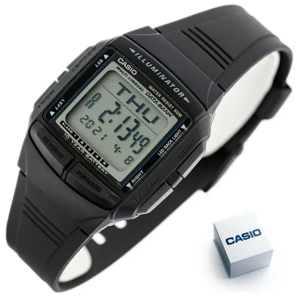 Casio Vintage DB-36-1AVCR férfi digitális óra, fekete, WR50, Databank, díszdoboz