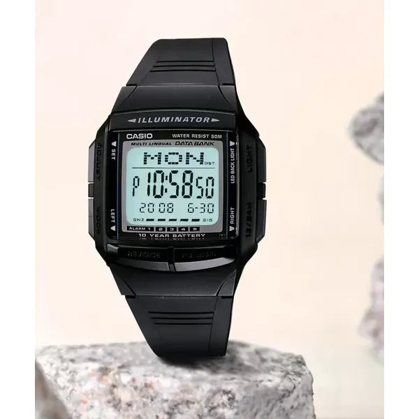 Casio Vintage DB-36-1AVCR férfi digitális óra, fekete, WR50, Databank, díszdoboz