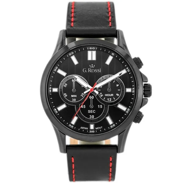 Férfi karóra G. Rossi, Miyota kvarc, fekete bőr szíj, WR30, 44 mm