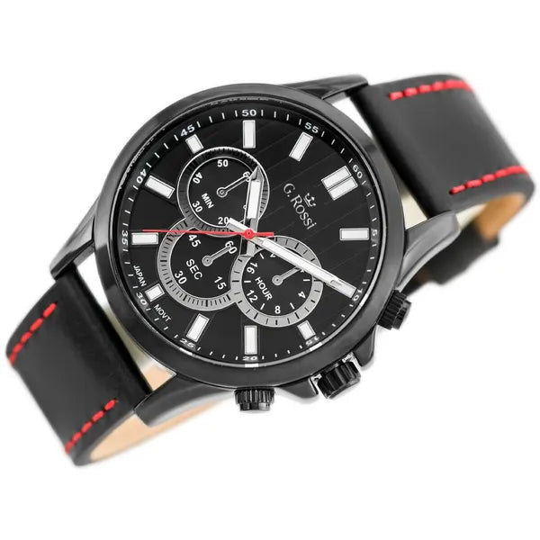 Férfi karóra G. Rossi, Miyota kvarc, fekete bőr szíj, WR30, 44 mm
