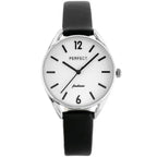 Perfect női karóra, kvarc, ezüst számlap, fekete bőr szíj, WR30, 34 mm