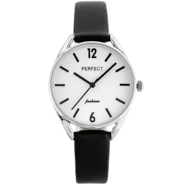 Perfect női karóra, kvarc, ezüst számlap, fekete bőr szíj, WR30, 34 mm
