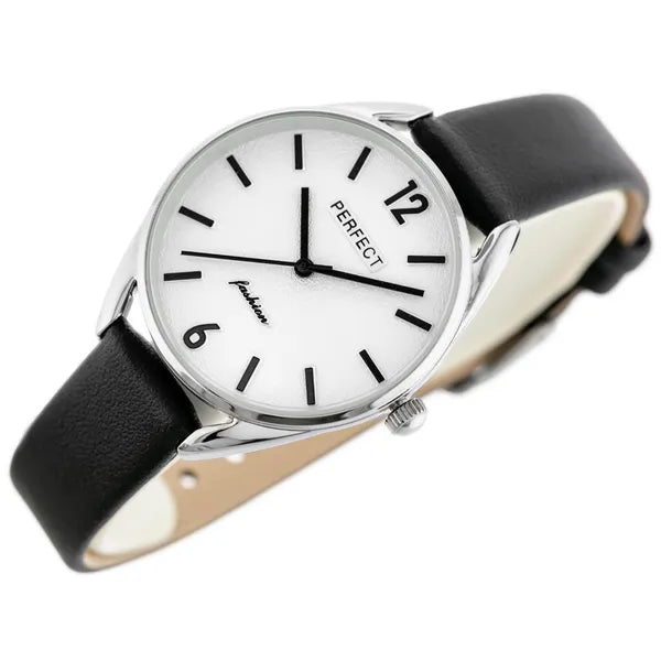Perfect női karóra, kvarc, ezüst számlap, fekete bőr szíj, WR30, 34 mm