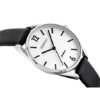 Perfect női karóra, kvarc, ezüst számlap, fekete bőr szíj, WR30, 34 mm