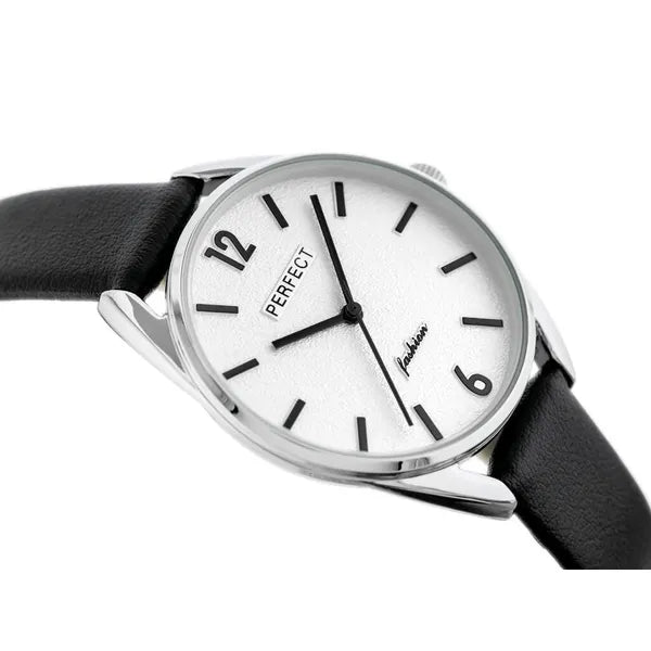 Perfect női karóra, kvarc, ezüst számlap, fekete bőr szíj, WR30, 34 mm