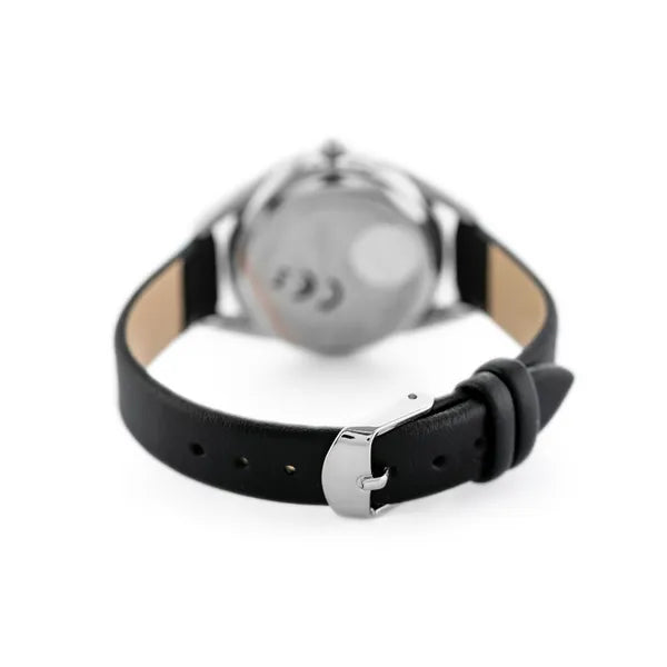 Perfect női karóra, kvarc, ezüst számlap, fekete bőr szíj, WR30, 34 mm