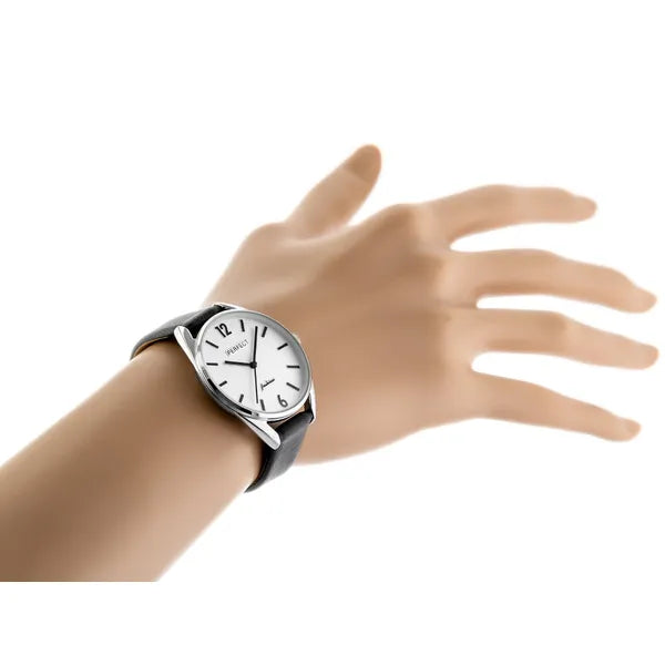 Perfect női karóra, kvarc, ezüst számlap, fekete bőr szíj, WR30, 34 mm