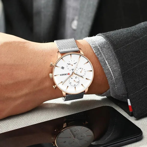 Curren 8339 férfi kvarc kronográf karóra, ezüst számlap, rózsaarany tok, 40 mm