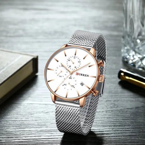 Curren 8339 férfi kvarc kronográf karóra, ezüst számlap, rózsaarany tok, 40 mm