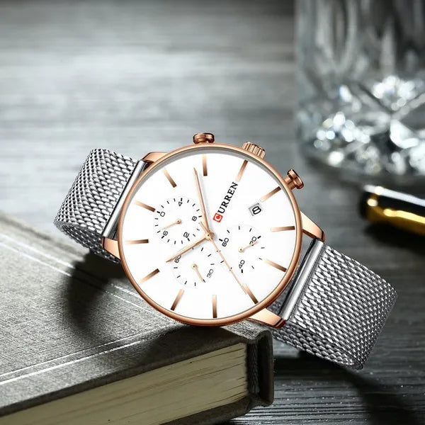 Curren 8339 férfi kvarc kronográf karóra, ezüst számlap, rózsaarany tok, 40 mm