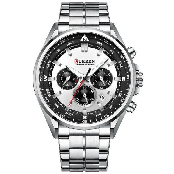 Curren 8399 férfi kronográf kvarc karóra, acél szíj, 42 mm, ezüst, WR30, doboz