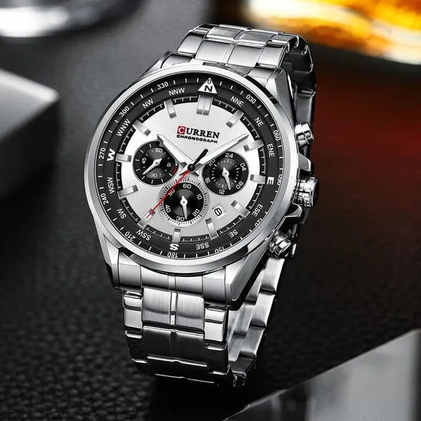 Curren 8399 férfi kronográf kvarc karóra, acél szíj, 42 mm, ezüst, WR30, doboz