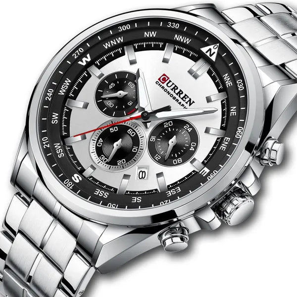 Curren 8399 férfi kronográf kvarc karóra, acél szíj, 42 mm, ezüst, WR30, doboz