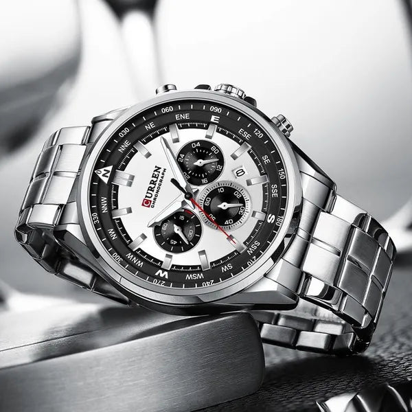 Curren 8399 férfi kronográf kvarc karóra, acél szíj, 42 mm, ezüst, WR30, doboz