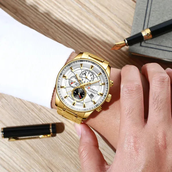 Curren 8362 férfi kronográf kvarcóra, 42 mm, arany fémszíj, WR30, díszdoboz