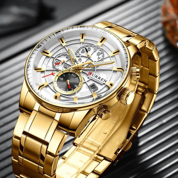 Curren 8362 férfi kronográf kvarcóra, 42 mm, arany fémszíj, WR30, díszdoboz